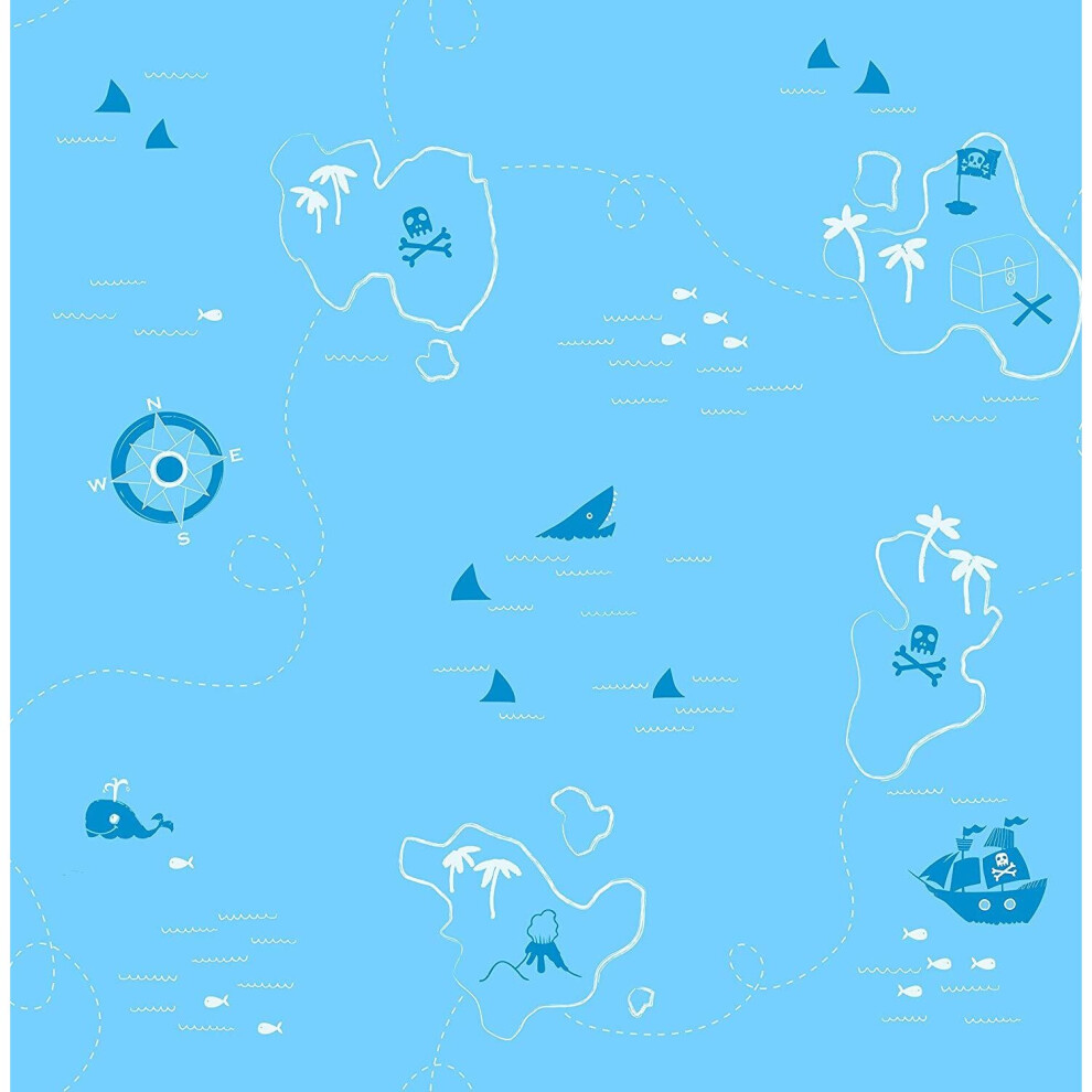 Shark Pirate Treasure Map Wallpaper Boys Blue White Compass Fine Decor