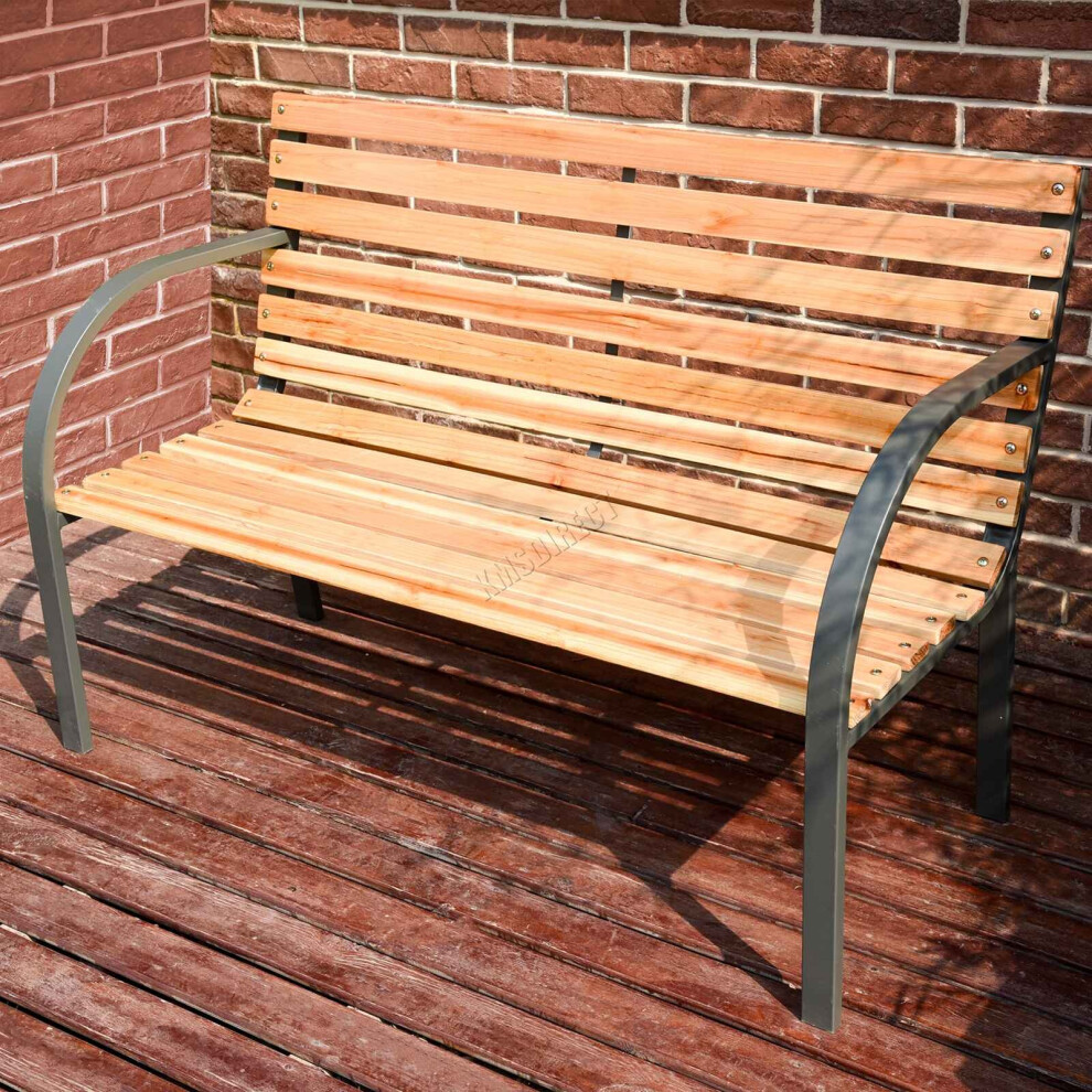 Birchtree Wood Slatted Metal Frame Garden Bench 2 Seater Outdoor Patio Park Seat Clear