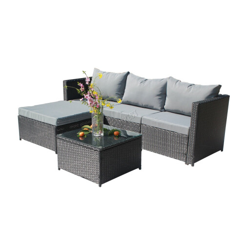 (Black) BIRCHTREE Rattan Garden Furniture Set Corner Sofa Glass Table