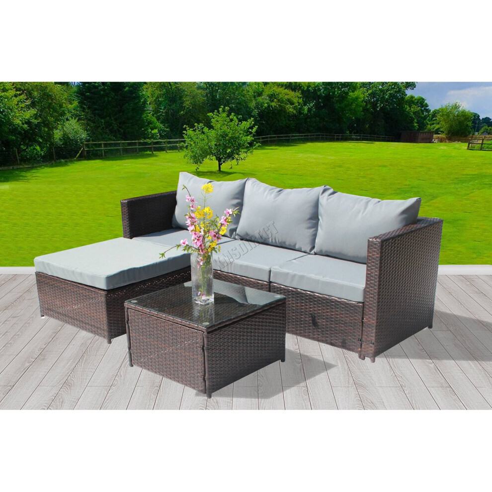 (Brown) BIRCHTREE Rattan Garden Furniture Set Corner Sofa Glass Table Patio 5 Pieces 01