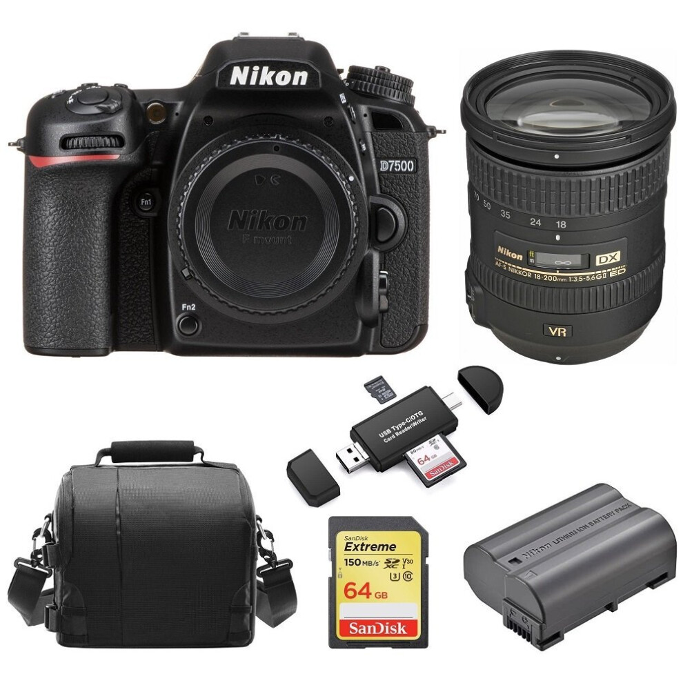 NIKON D7500+AF-S 18-200MM ED VR II DX+64Gcard+Bag+EN-EL15A+Card Reader