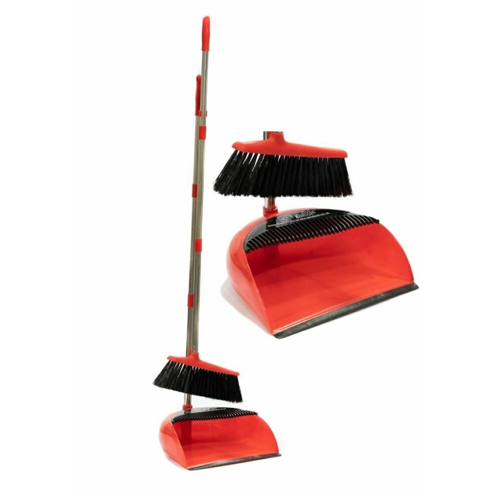 LONG HANDLED DUSTPAN AND BRUSH SET DUST PAN HANDLE CLEAN SOFT SWEEP BROOM RED