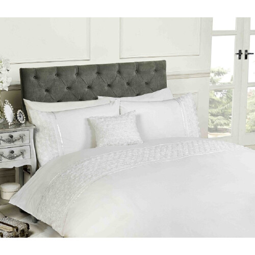 (Single) Limoges Ruffle Rose Embellished Duvet Set in White