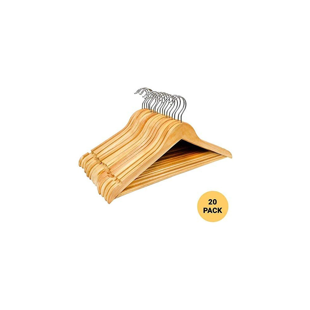 MantraRaj Strong Brown Wooden Coat Hangers Set of 20 - Non-Slip Trouser bar - Strong Shoulder Notches - 360 Degree Rotating Wood Hanger for Suits, Tro
