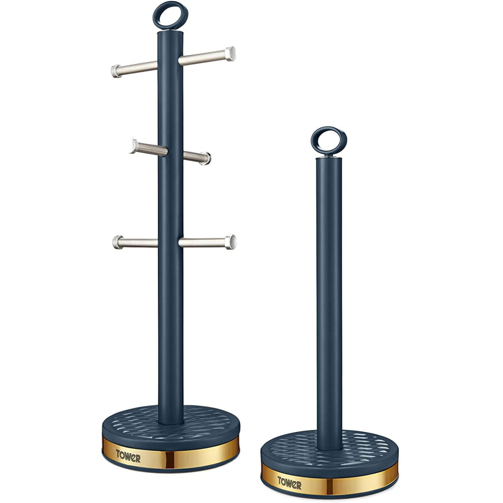 Tower T826092MNB 6 Cup Mug Tree/Kitchen Roll Holder, Midnight Blue