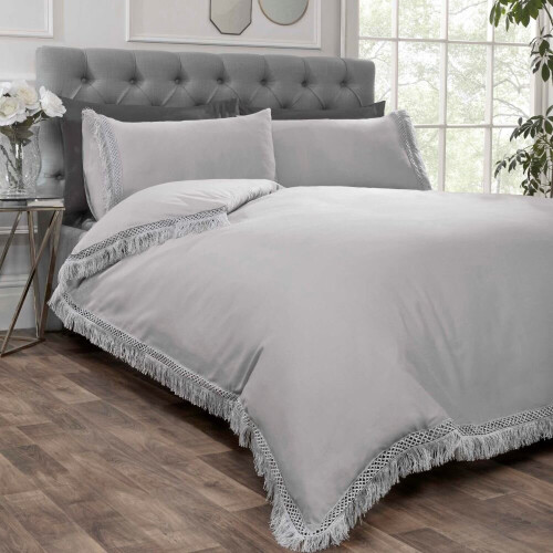 (Silver, Double) Tia Trellis Embellished Duvet Set