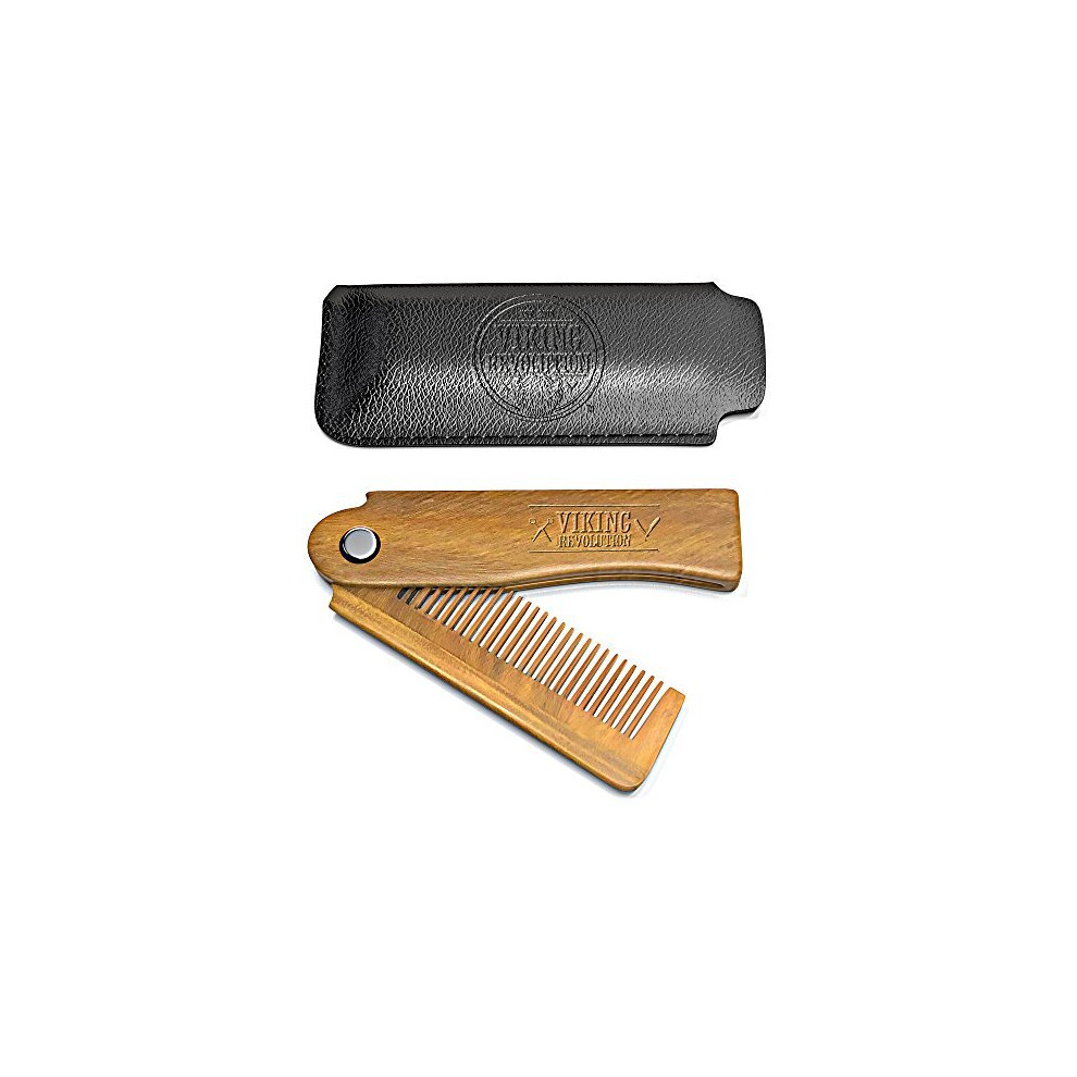 Viking Revolution Unisex Green Folding Beard Comb W/Carrying Pouch For Men - All Natural Wooden Beard Comb W/Gift Box - Sandalwood Comb For Grooming & Combing Hair, Beards And