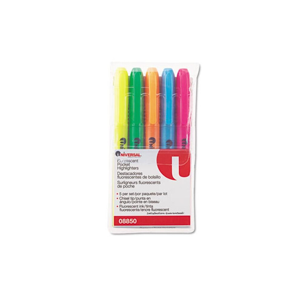 Universal 08850 Pocket Highlighter- Chisel Tip- Fluorescent Colors- 5/Set