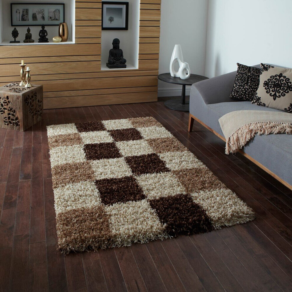 (120x170cm	) Vista Shaggy Rugs 2247 Check Beige Brown Small Large Thick Soft High Pile Mats