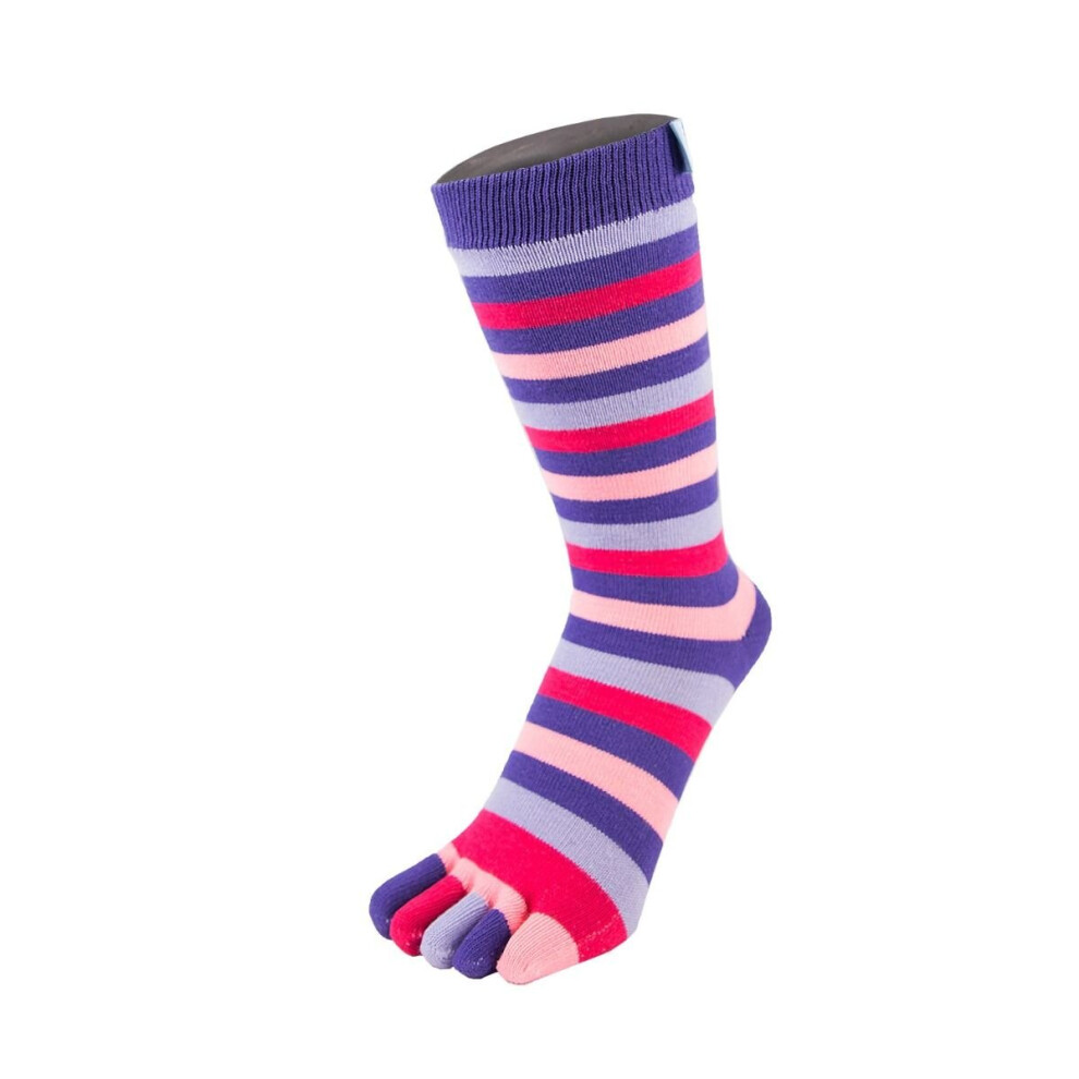 (Purple) Essential Mid-Calf Stripy Cotton Toe Socks