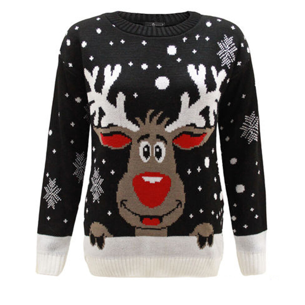 (Black, S) Women Ladies Knitted Long Sleeve Xmas Reindeer Rudolf Christmas Jumper Sweater Pullover