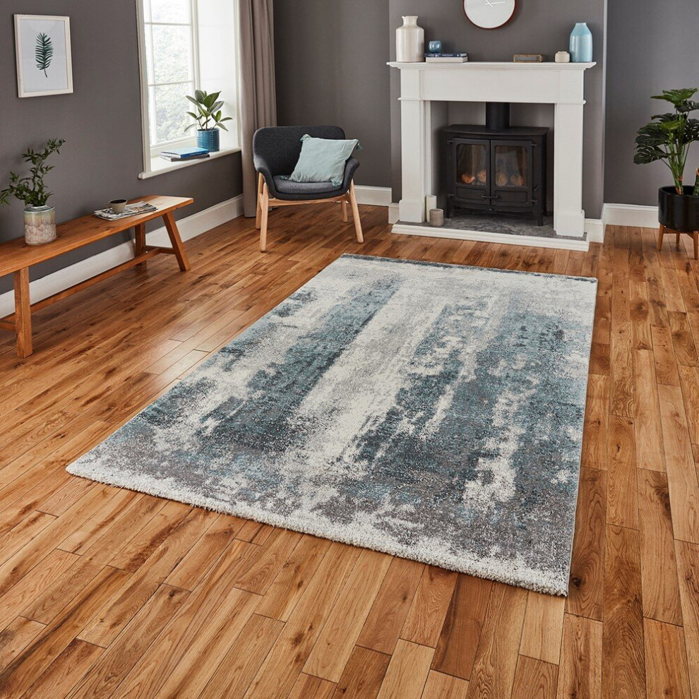 Think Rugs (120X170cm) Brooklyn 8595 Modern Abstract Rugs In Ivory Blue Thick Soft Mats Blue,White
