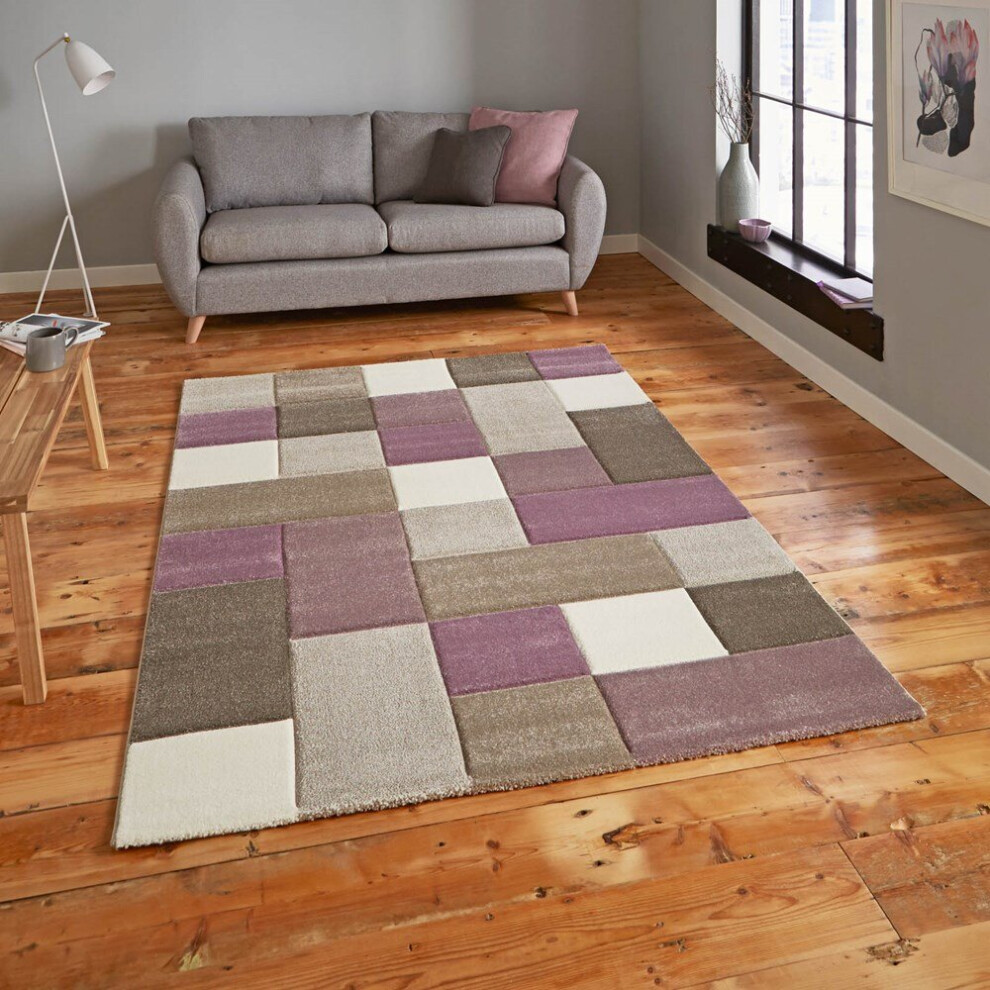 Think Rugs (120X170cm) Brooklyn 646 Modern Rugs In Squares Of Beige And Purple Thick Soft Mats Brown,Purple