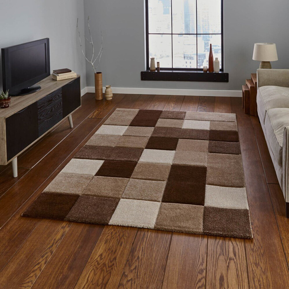 Think Rugs (120X170cm) Brooklyn 646 Modern Rugs In Squares Of Beige And Thick Soft Mats Brown