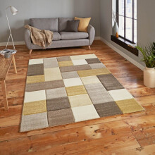(120x170cm) Brooklyn 646 Modern Rugs in Squares of Beige and Yellow Thick Soft Mats