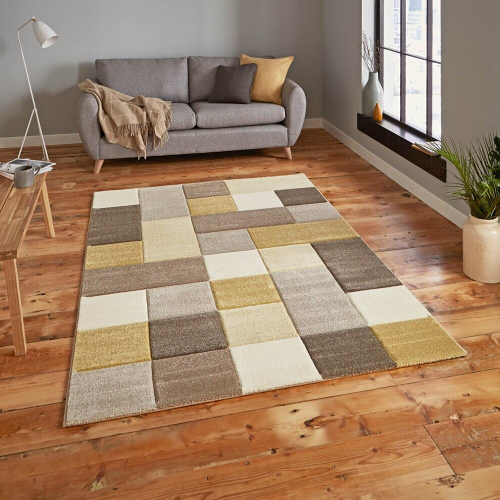 Think Rugs (120X170cm) Brooklyn 646 Modern Rugs In Squares Of Beige And Yellow Thick Soft Mats Brown,Yellow