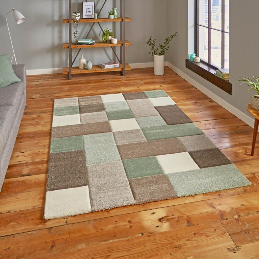 (120x170cm) Brooklyn 646 Modern Rugs in Squares of Beige and Green Thick Soft Mats