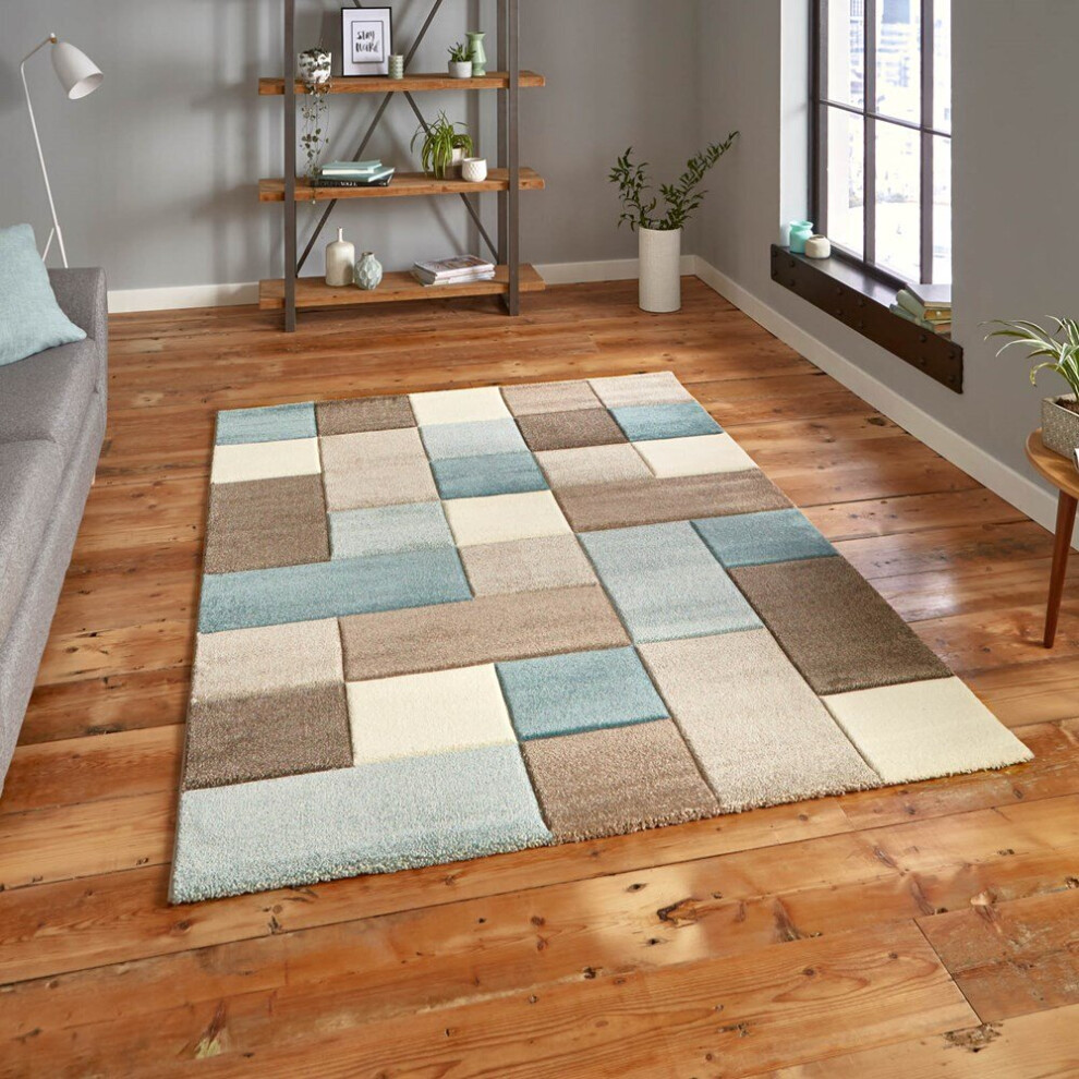 Think Rugs (160X220cm) Brooklyn 646 Modern Rugs In Squares Of Beige And Blue Thick Soft Mats Blue,Brown