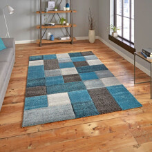 (120x170cm) Brooklyn 646 Modern Rugs in Squares of Blue and Grey Thick Soft Mats