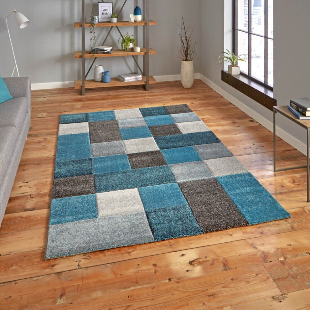 (120x170cm) Brooklyn 646 Modern Rugs in Squares of Blue and Grey Thick Soft Mats
