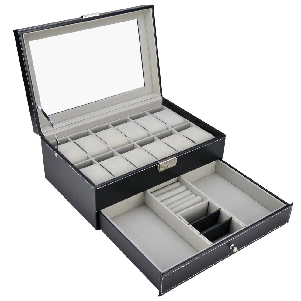 12 Grid Jewelry Watch Box Mens Jewelry Display Drawer Tray Glass PU