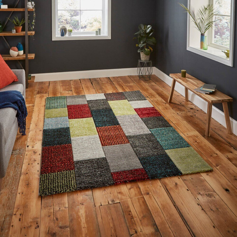 Think Rugs (160X220cm) Brooklyn Modern Rugs 21830 In Square Patchwork Grey And Multicolour Thick Soft Mats Grey,Multicoloured
