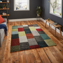 (120x170cm) Brooklyn Modern Rugs 21830 in Square Patchwork Grey and Multicolour Thick Soft Mats