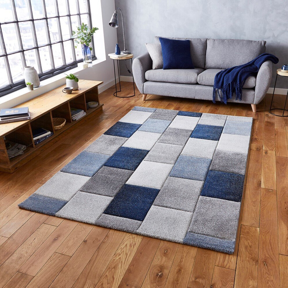 (120x170cm) Brooklyn Modern Rugs 21830 in Square Patchwork Grey Blue Thick Soft Mats-image-OPC-P67569Y-NEW