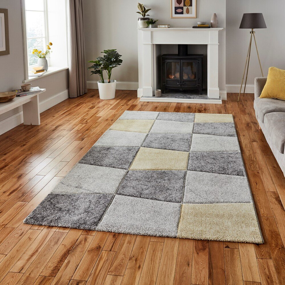 (160x220cm) Brooklyn 22192 Modern in Grey Yellow Check Thick Soft Mats
