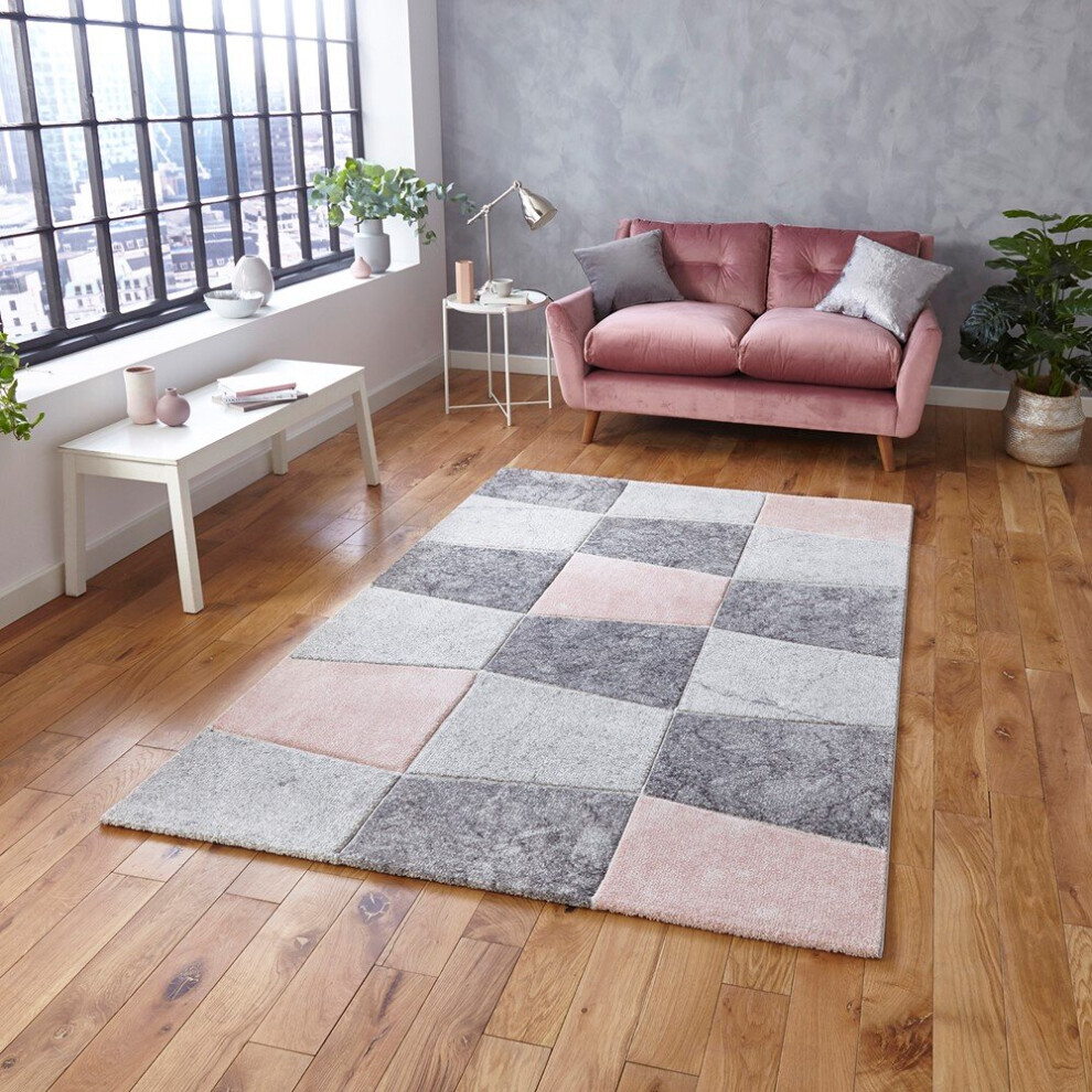 (160x220cm) Brooklyn 22192 Modern in Grey Pink Check Thick Soft Mats