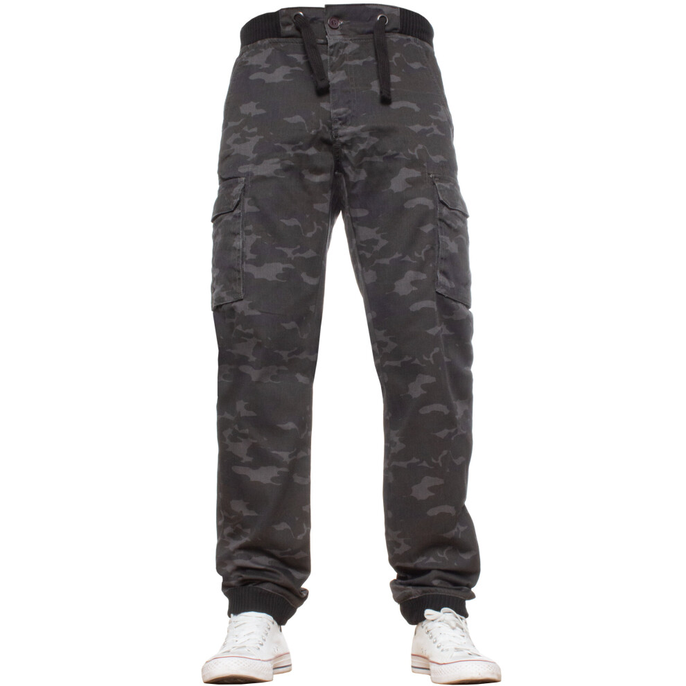 (Dark Khaki, 40R) Enzo Mens Cargo Combat Trousers Camo Jogger Jeans