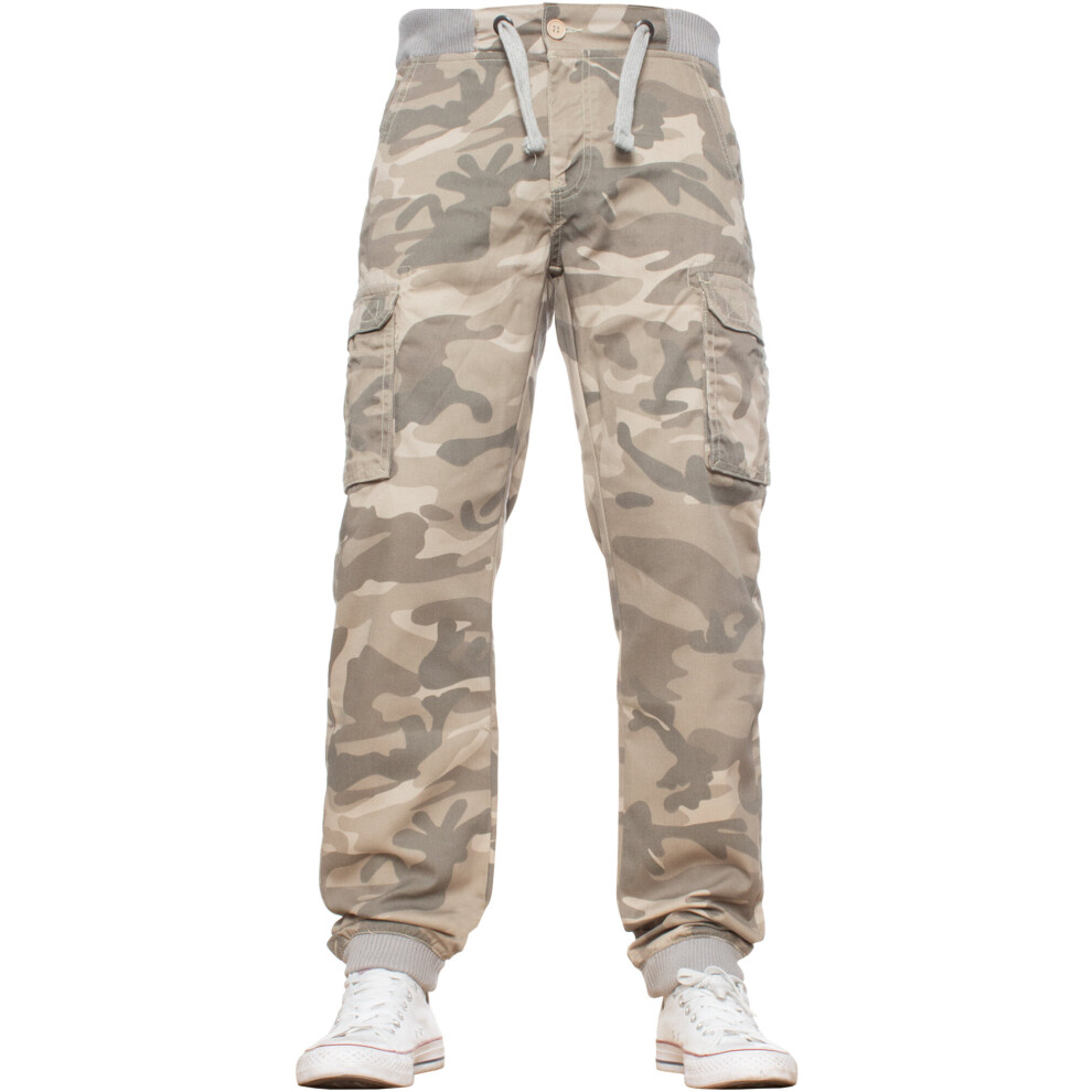 (Beige, 42R) Enzo Mens Cargo Combat Trousers Camo Jogger Jeans