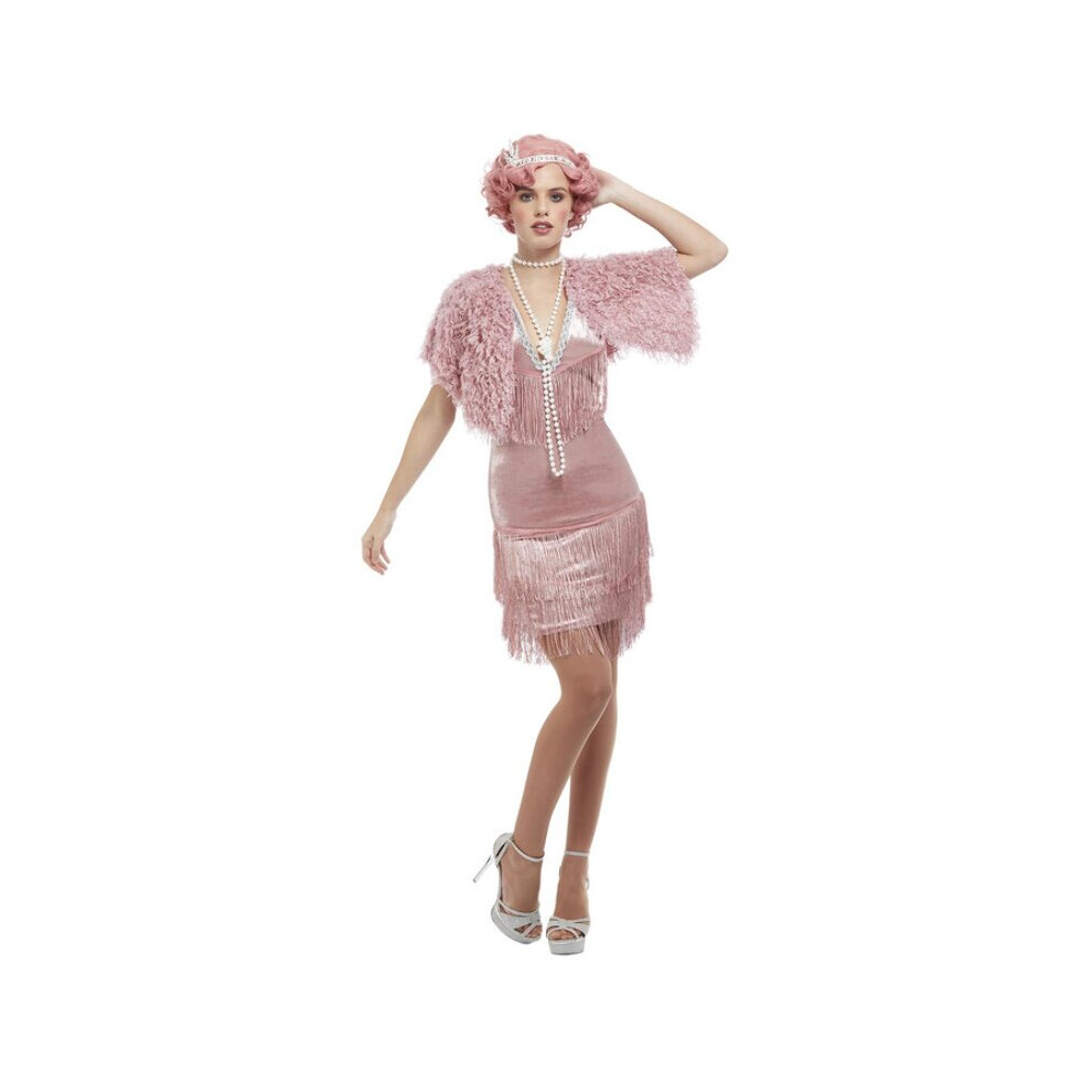 Womens Deluxe 20s Vintage Pink Flapper Fancy Dress Costume (Size 8-10)