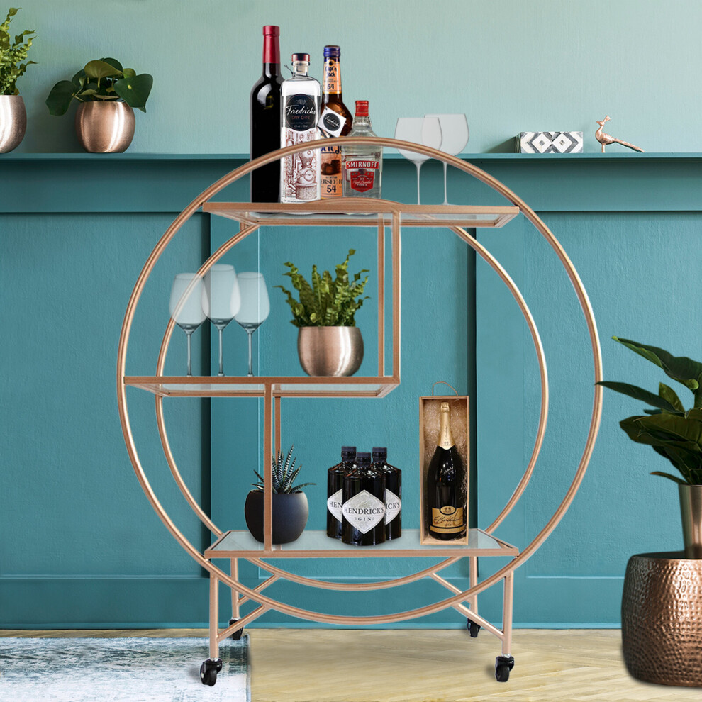 (Rose Gold, Large) Bar Cart Drinks Trolley Vintage Deco Halo Shelving