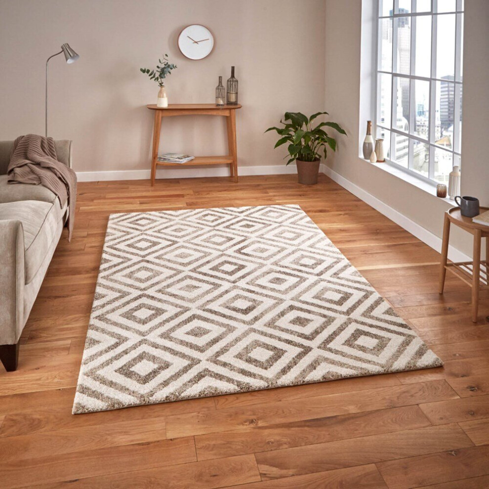 (120x170cm) Elegant Geometric Pattern Rugs 4893 in Beige and White Thick Soft Mats