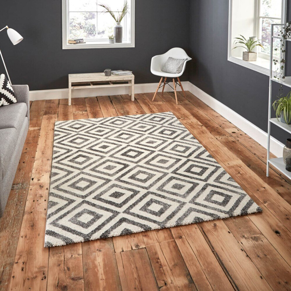 (160x220cm	) Elegant Geometric Pattern Rugs 4893 in Grey and White Thick Soft Mats