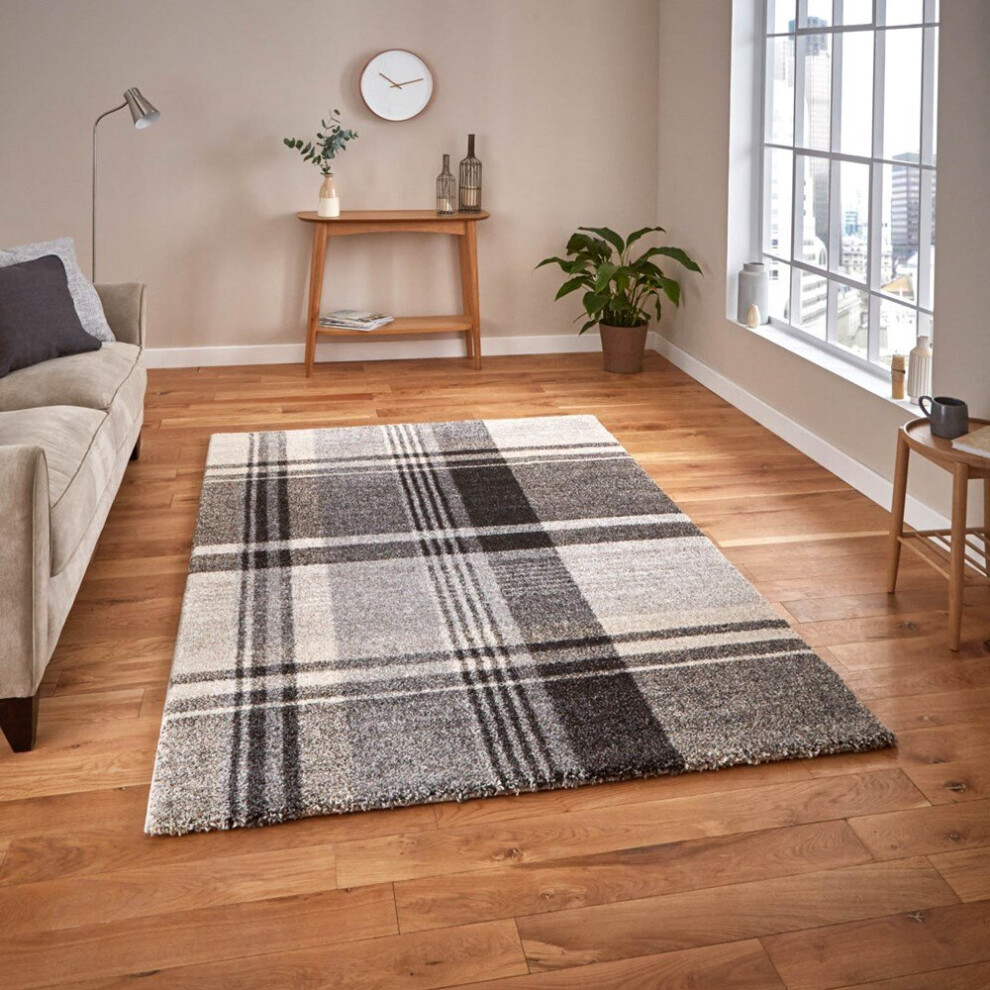 (160x220cm) Modern Elegant Tartan Check Rugs 4892 in Beige and Black Thick Soft Mats