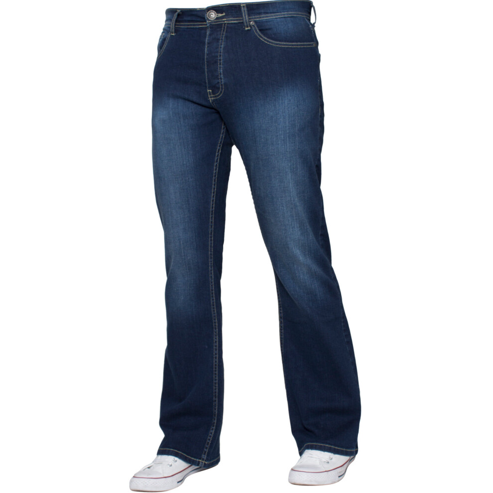 (Blue, 36S) Ze Enzo Mens Bootcut Jeans Wide Leg Flared Denim Pants