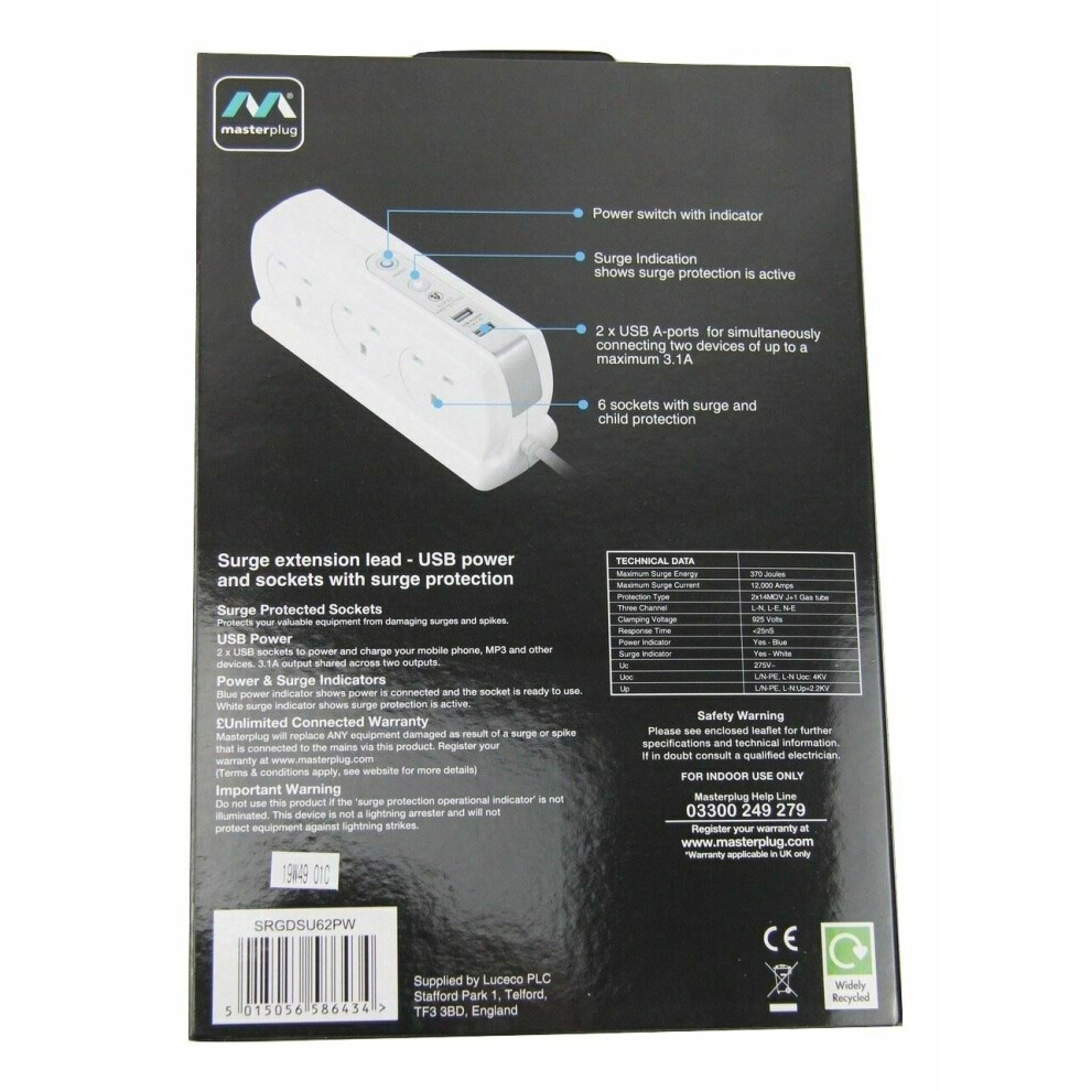 Masterplug 2M 6 Socket Surge Protected Extension Lead 2 Usb Ports 5015056586434