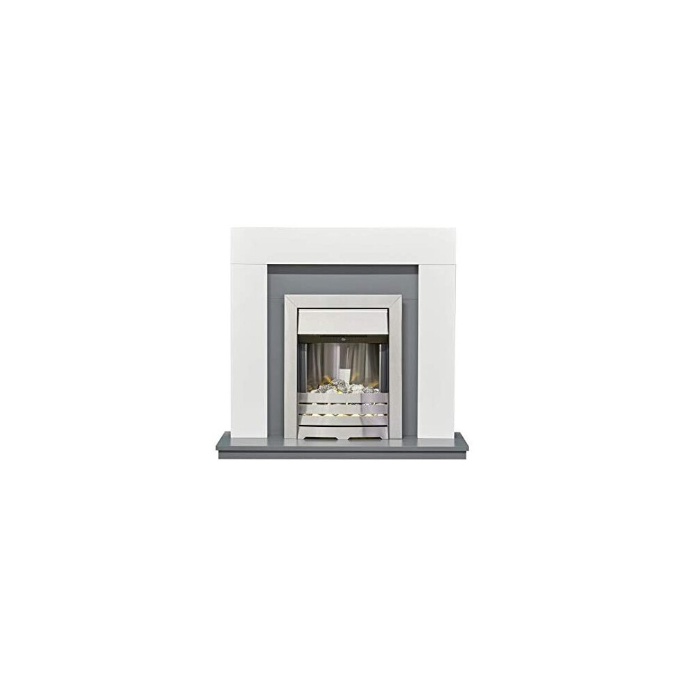 Adam Dakota Fireplace in Pure White & Grey with Helios Electric Fire in Brushed Steel, 39 Inch