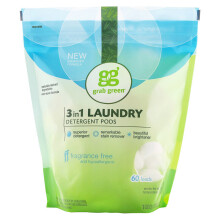Grab Green, 3-in-1 Laundry Detergent Pods, Fragrance Free, 60 Loads
