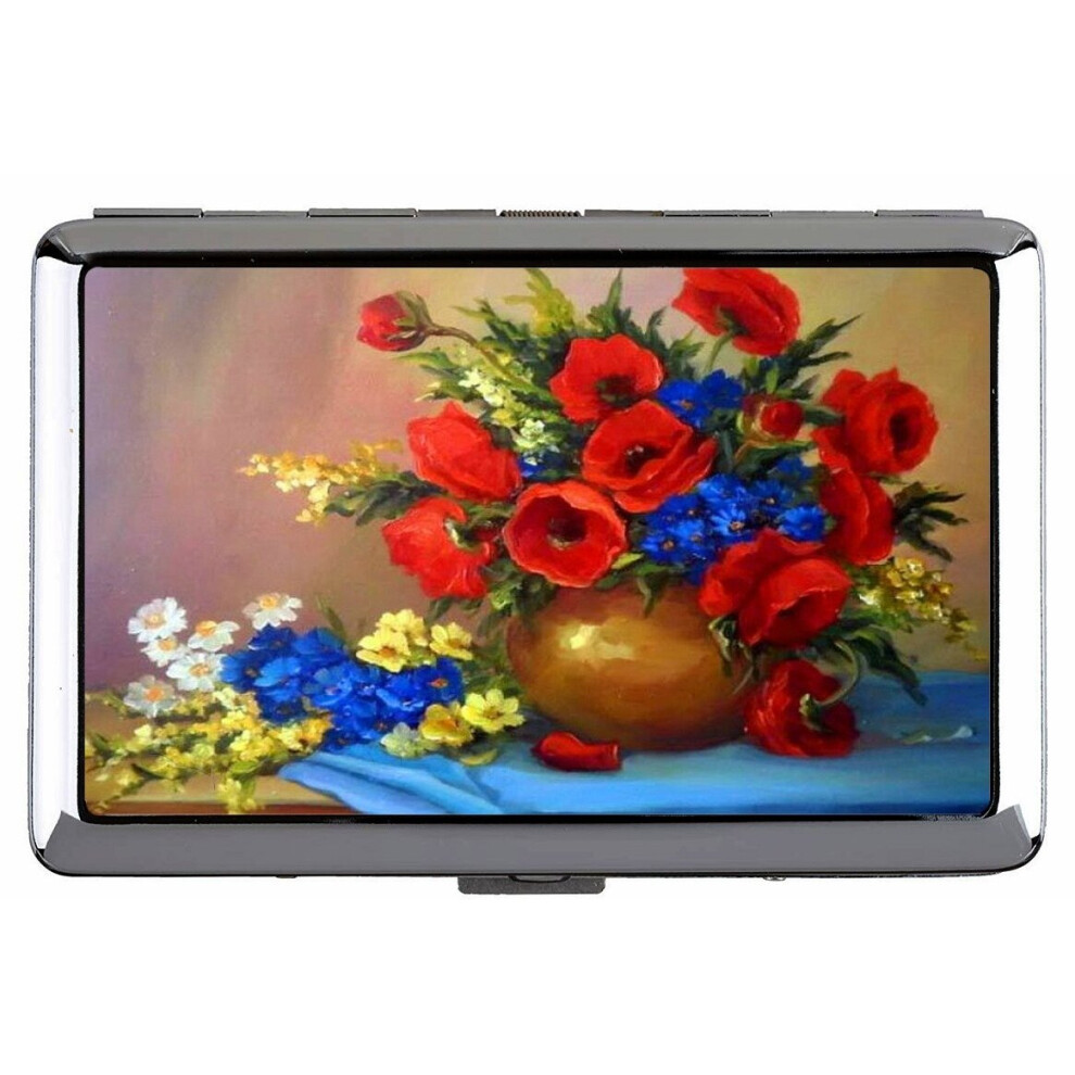 Silver Metal Cigarette Case,Flowers Red Painting Flowers Life Picture Gallery Pocket Carrying Cigarette Box