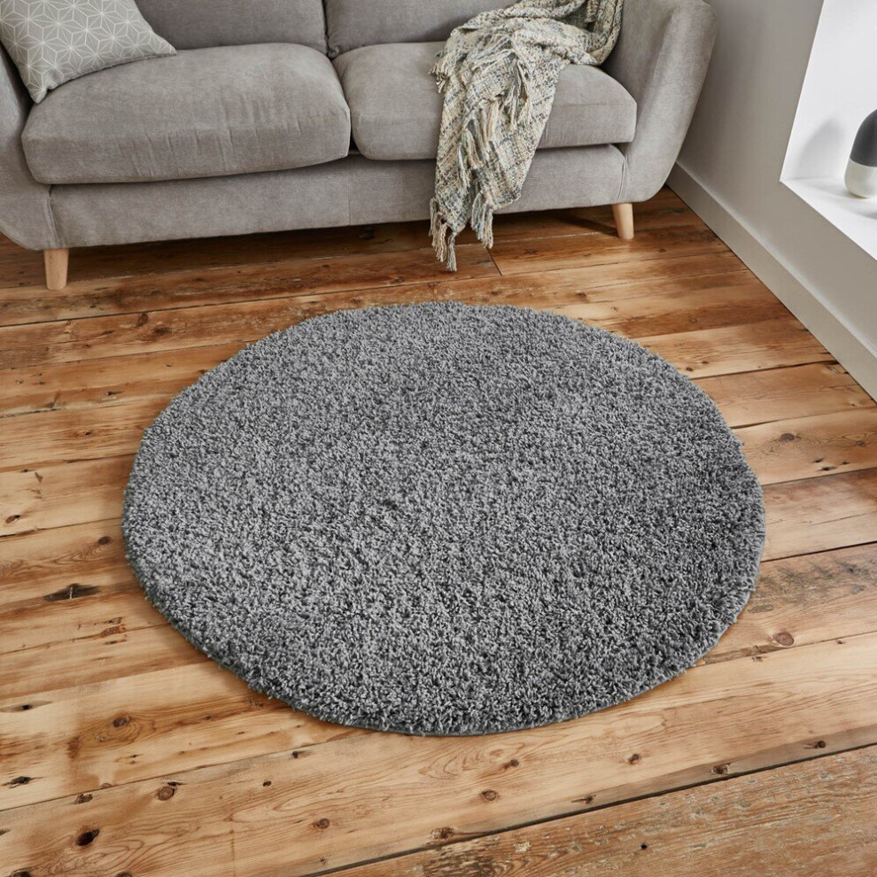 Think Rugs Vista Circular Shaggy Round Rugs 2236 Grey Powerloomed Plain Mats 133X133cm