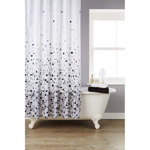 KAV Vibrant Mosaic Grey & White Shower Curtain With Rings 180 x 180cm