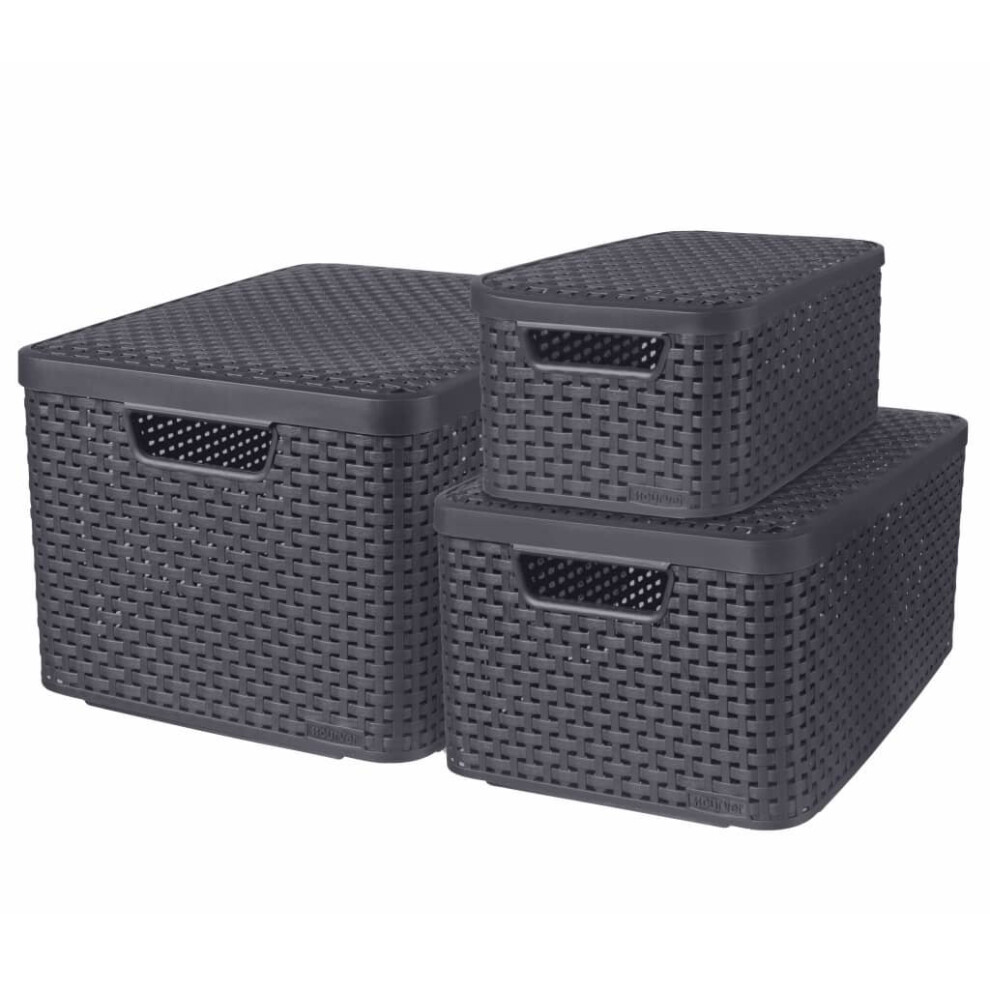 Curver 3x Storage Boxes with Lid Size S+M+L Anthracite Householder Organiser