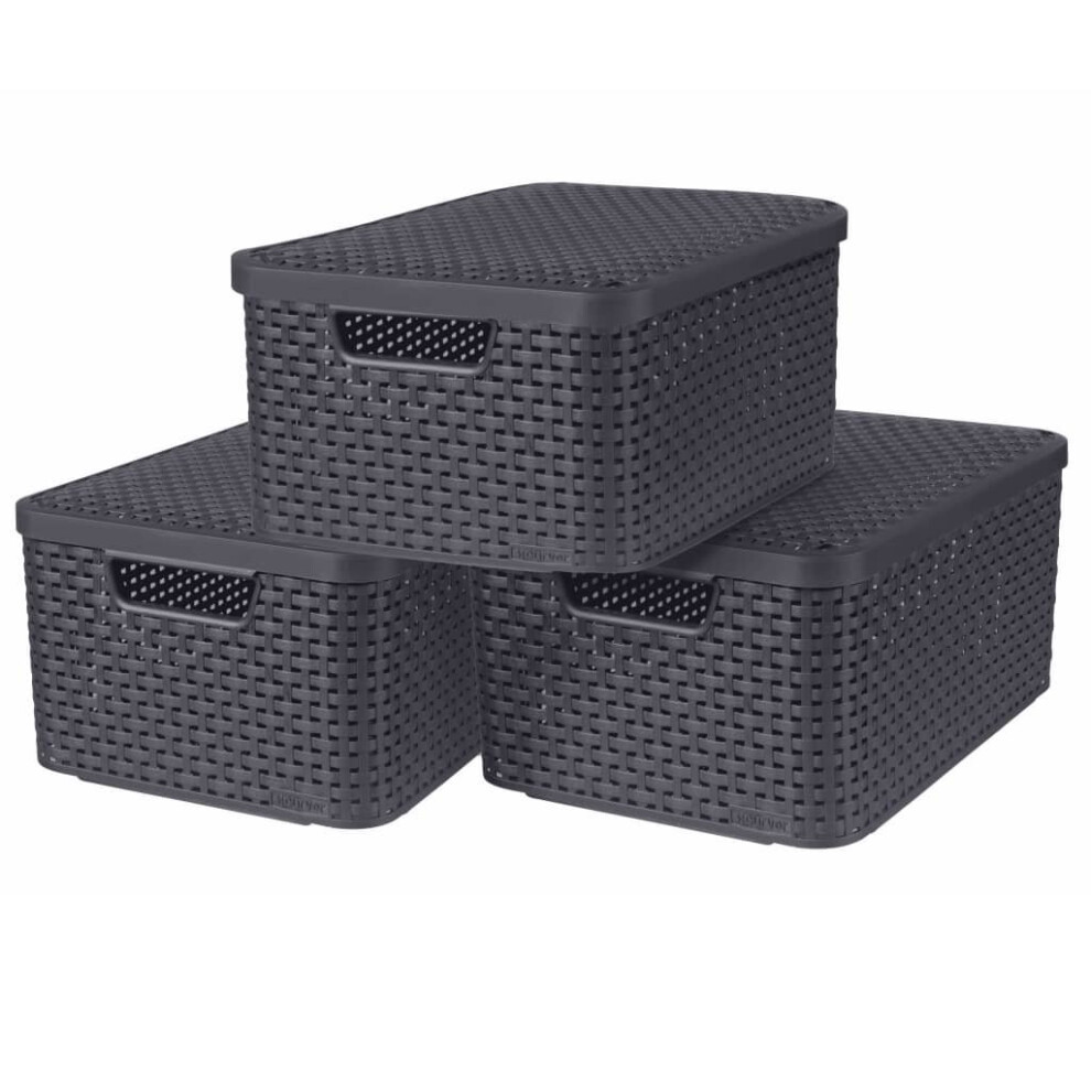 Curver 3x Storage Boxes with Lid Size M Anthracite Containers Organiser Basket