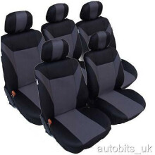 Grey-Black 5x Fabric Seat Covers Full 5-Seat Set for VW Touran - Breathable Double-Layer, Headrest-Detachable Compatible, Front Airbag Safe
