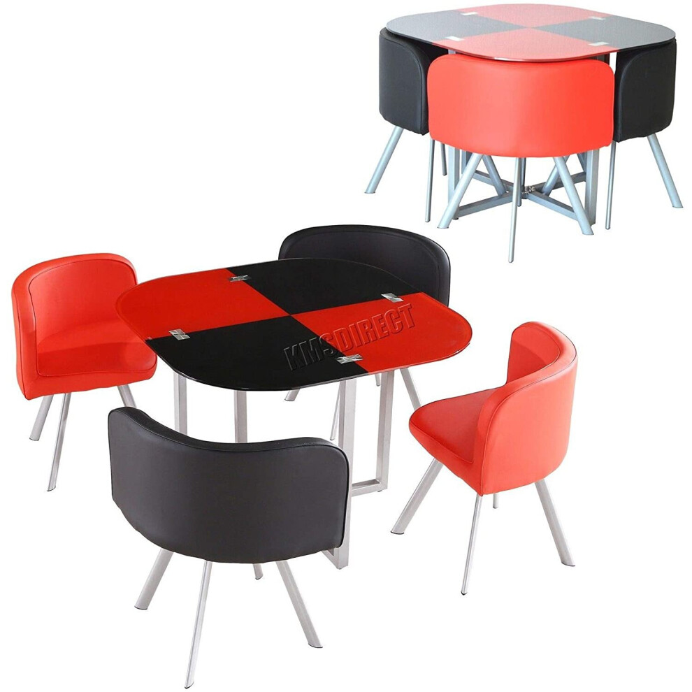 Red Black GLASS DINING TABLE with 4 FAUX LEATHER CHAIRS,SPACE SAVER