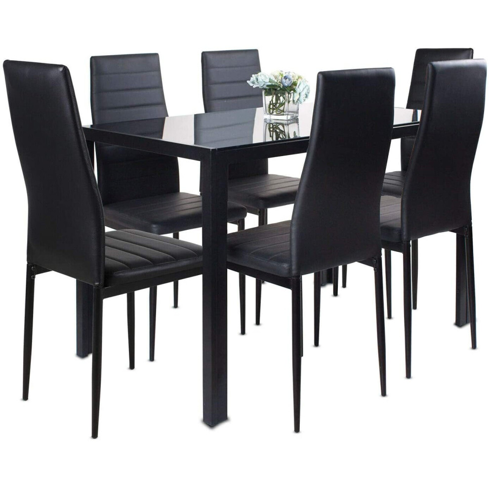 Kosy Koala (Black Table And 6 Chairs) Black Glass Dining Table & Faux Leather Chairs