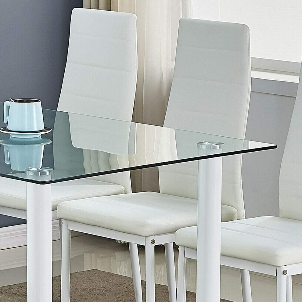 (Table with 4 chairs) WHITE GlASS DINING TABLE WITH FAUX LEATHER CHAIRS